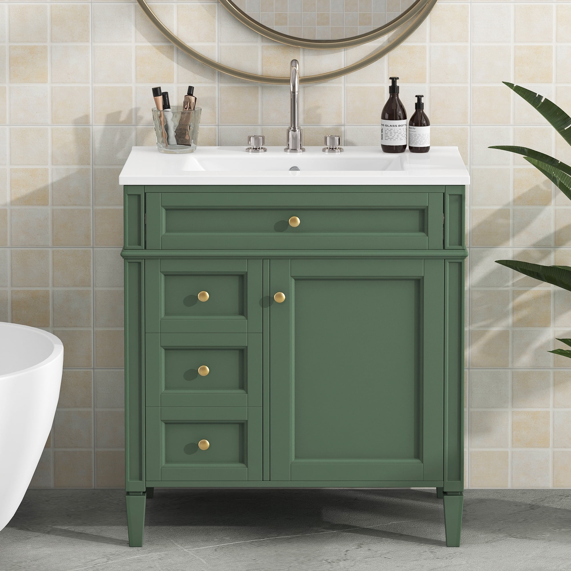 Euroco 30” Bathroom Vanity with Sink, Modern Freestanding Bathroom Cabinet with Tip-Out Drawer, Soft-Close Doors & Shelves, Hidden Storage Organizer