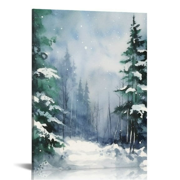 JEUXUS  Framed Canvas Print Wall Art Woodland Nursery Decor Winter Snow Watercolor Pine Tree Forest Nature Modern Art Decorative Landscape Colorful for Living Room, Bedroom, Office Natural