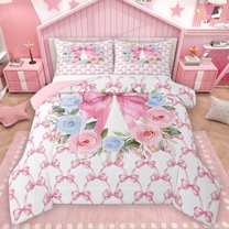 Castle Fairy Girls Kawaii Ribbon Bowknot Bedding Comforter Set 2pcs,Geometric Plaid Twin Comforter Sets Microfiber,Chic Flowers Breathable Bedding Set,Super Cozy Bedroom Decor,Reversible