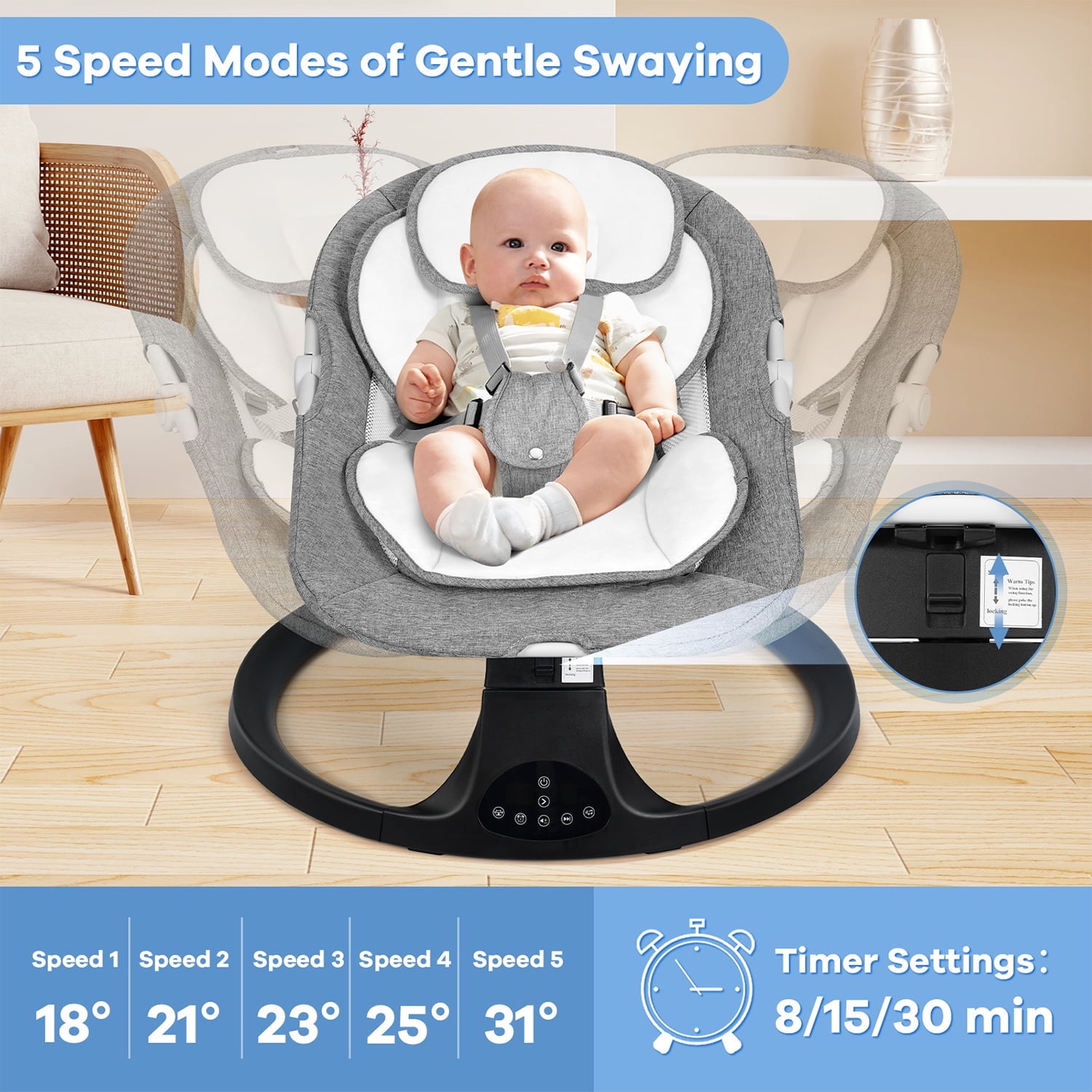 Baby Swing for Infants 0-18 Months - 5 Speed Bluetooth Baby Bouncer with 10 Lullabies, Portable Infant Swing Chair (Gray)