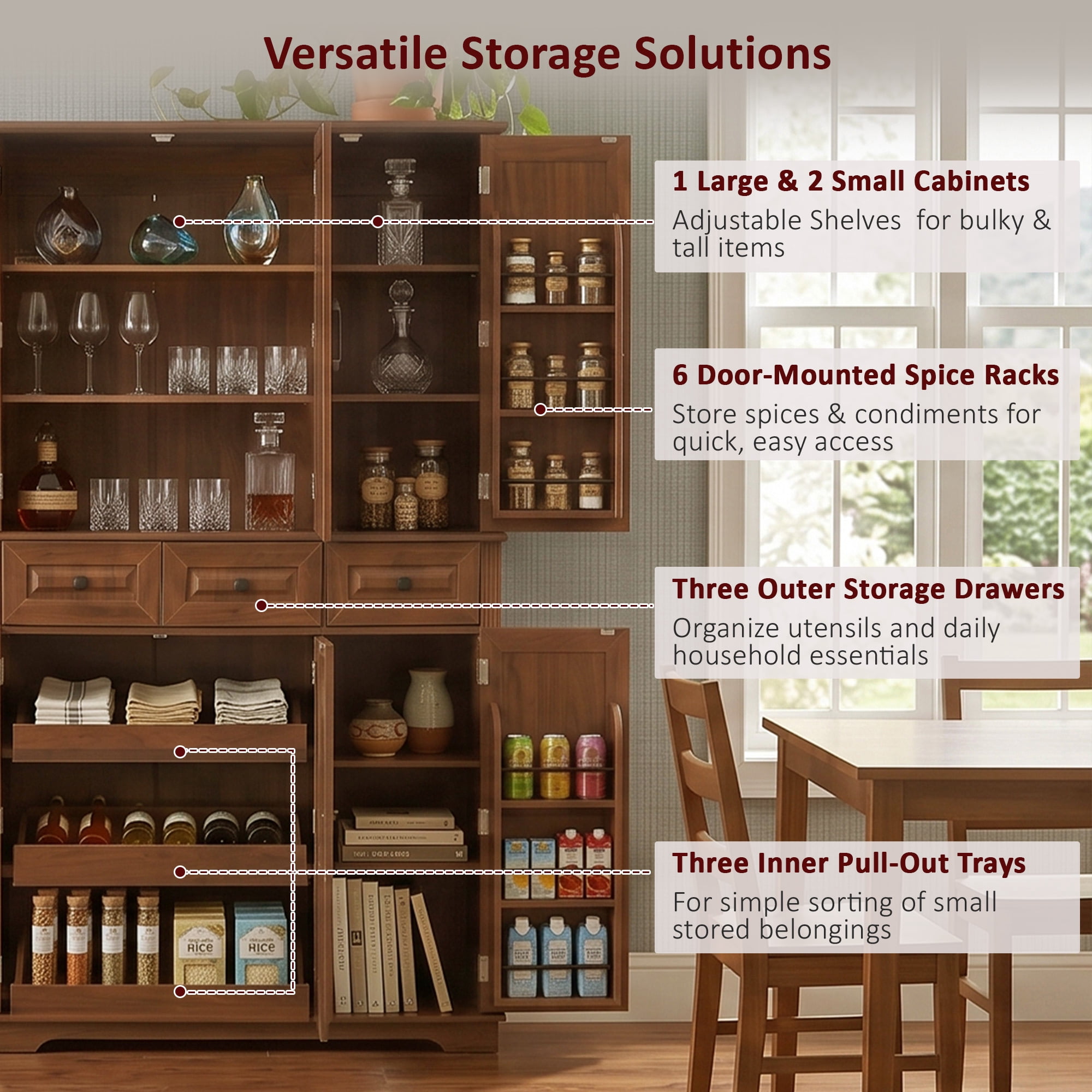 Euroco 72" Tall Kitchen Pantry Cabinet, Farmhouse Embossed Texture Cupboard Buffet with 3 Pull Out Tray, 6 Door Racks and 3 Drawers, Freestanding Storage Cabinet for Dining Room,Walnut Brown