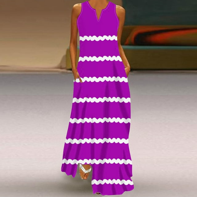 Meichang 2024 Robes d'Été pour Femmes Sans Manches Col en V Imprimé Rayé Robes Maxi Coupe Ample Décontractée Longues Robes de Plage avec Poches