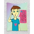 thumbnail image 1 of Call Mom Tapestry, Boy Calling His Mother Speech Bubble with I Love You Mom Words Cartoon Design, Wall Hanging for Bedroom Living Room Dorm Decor, 40W X 60L Inches, Multicolor, by Ambesonne, 1 of 2