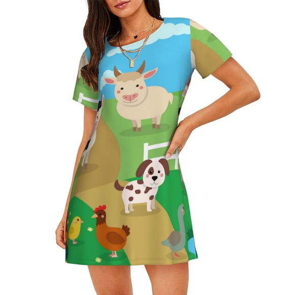 Balery Farm Animals Pattern Womens Short Sleeve Sleepshirt Scoopneck Cute Nightdress Comfy Nightgown Loungewear Dress