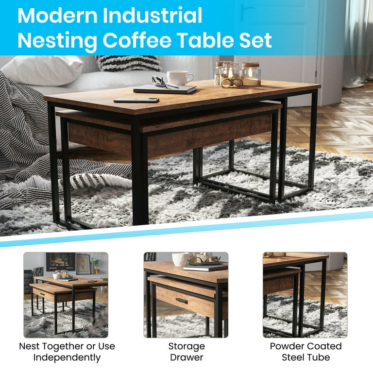 Flash Furniture Emerson 2 Piece Modern Nesting Coffee Table Set with  Storage Drawer in Walnut Finish with Black Sled Base Metal Frames