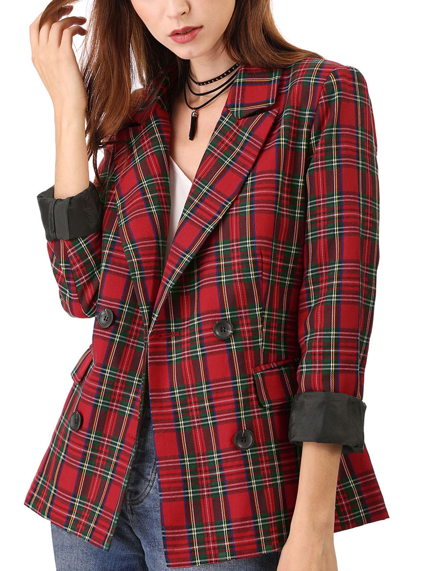 DARING DIVA Women's Plaid Notched Lapel Blazer Jacket XL Red Green