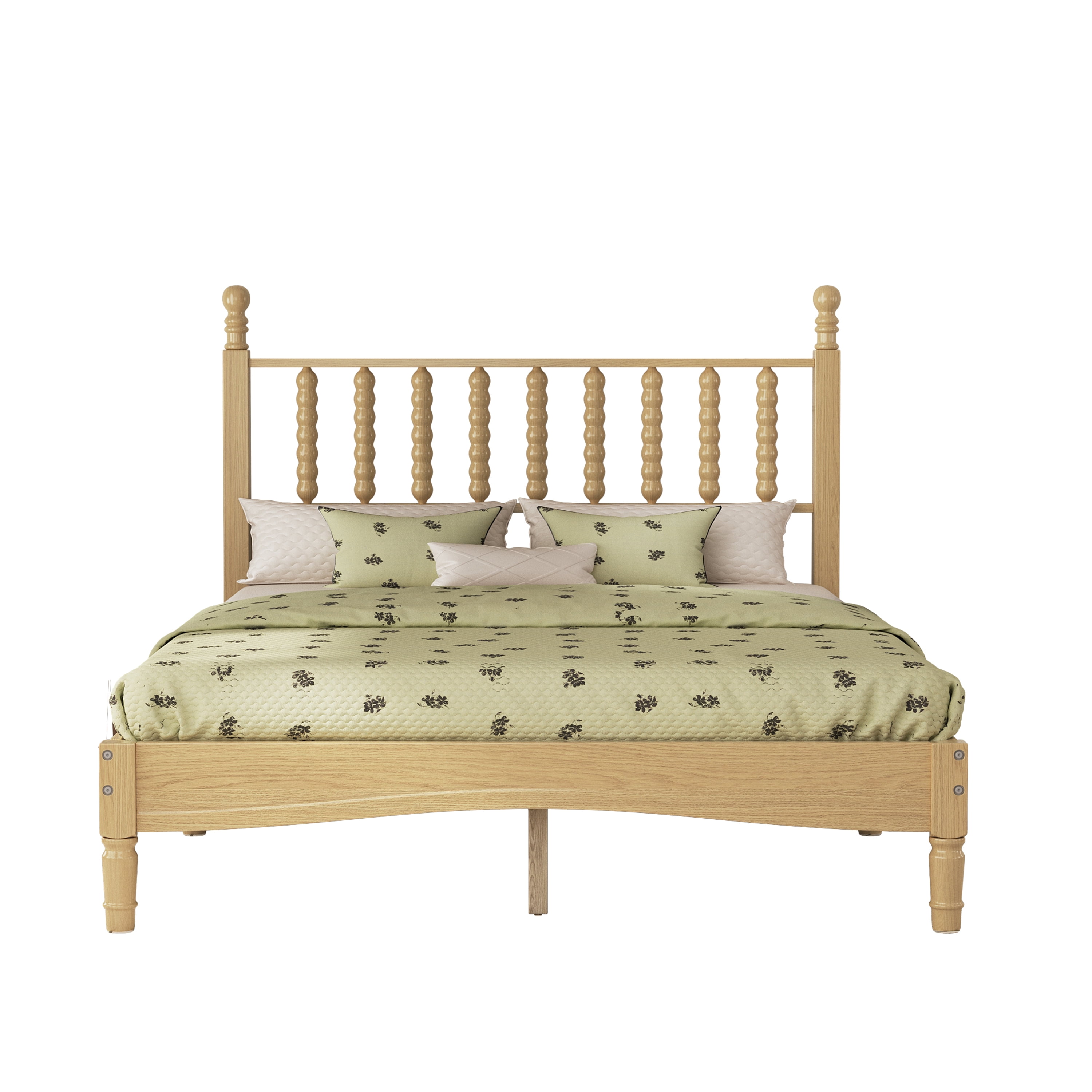Euroco Wood Full Size Platform Bed, Retro Style Bed with Gourd Shaped Headboard, Natural
