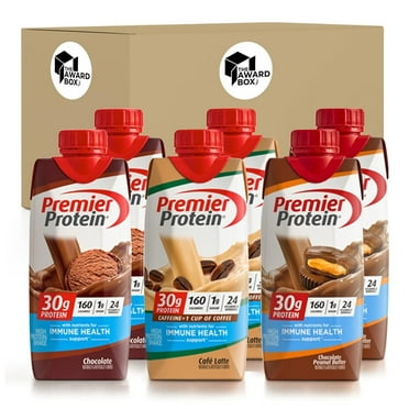 Premier Protein Shakes Chocolate Peanut Butter, Chocolate and Cafe Latte 11 Fl oz- 6 Bottles