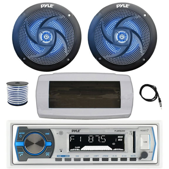 Pyle PLMRB29W Single DIN Bluetooth Marine MP3 AM/FM Stereo Receiver with White Cover, 22" Radio Antenna, Wire, 2x 5.25" 180 Watt Max 2-Way  Blue Flashing LED Boat Audio Speakers (Black)