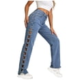 thumbnail image 6 of Olyvenn Women's High Waist Cutout Zip Button Jeans, Hollow Out Straight Leg Denim Trousers with Pockets, Outdoor Casual Streetwear Dark Blue L, 6 of 9