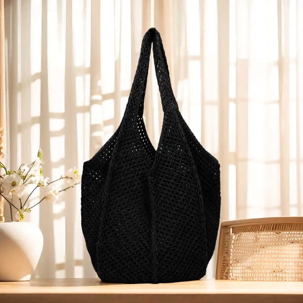 Xiao Hua Bolso de hombro tejido para mujer, bolso de mano y neceser, elegante bolso de playa de verano, 50 x 31 cm (negro)