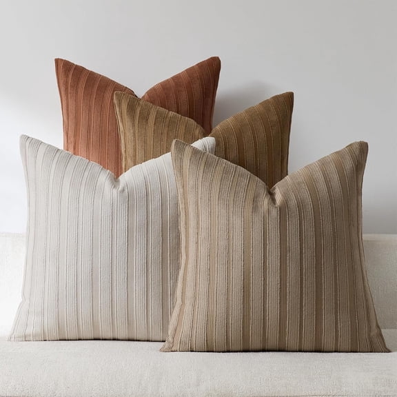 Set of 4 18x18 Brown Rust Throw Pillow Covers Soft Striped Corduroy Fall Christmas Square Decorative Pillow Cases for Couch Sofa Bedroom Living Room Decor
