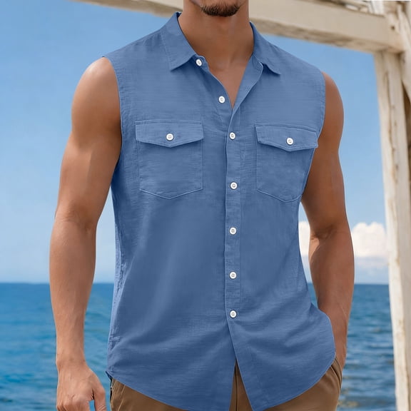 fnnxeal Mens Navy Sleeveless Button Down Collared Shirt Quick Dry Polyester Casual Top with Chest PocketsSize L