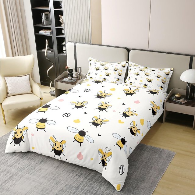 Cute Honey Bee Juego de Funda Nórdica Queen Size,Jardín de dibujos animados de animales Kawaii ropa de cama