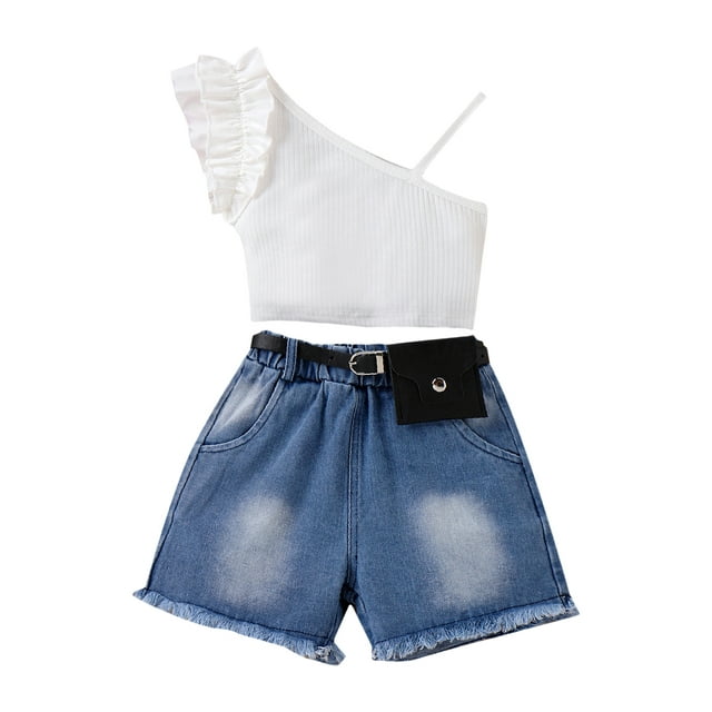 xiaxaixu Toddler Girls Summer Outfits, Sleeveless Ruffle Trim Tank Tops + Belted Denim Shorts Set Kids Clothes