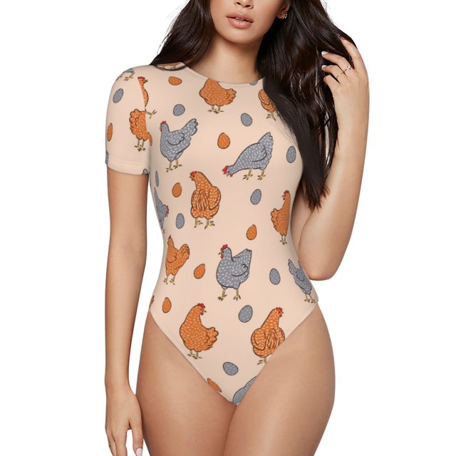 Fotbe Funny Chicken Body de Mujer con Cuello Redondo y Mangas Cortas, Sin Mangas Ajustado, Suave, Cómodo y Básico-Large