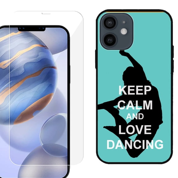 Slim-Fit Protective Phone Case (Black) compatible with iPhone 12 / iPhone 12 Pro, with Tempered Glass Screen Protector, by OneToughShield ® - Keep Calm / Dancing