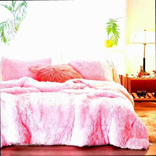 WinterBliss Plush Comforter Set Pink Shaggy Fluffy Bedding Ultra Warm Reversible Ensemble Twin Size 3 Piece Bed Set
