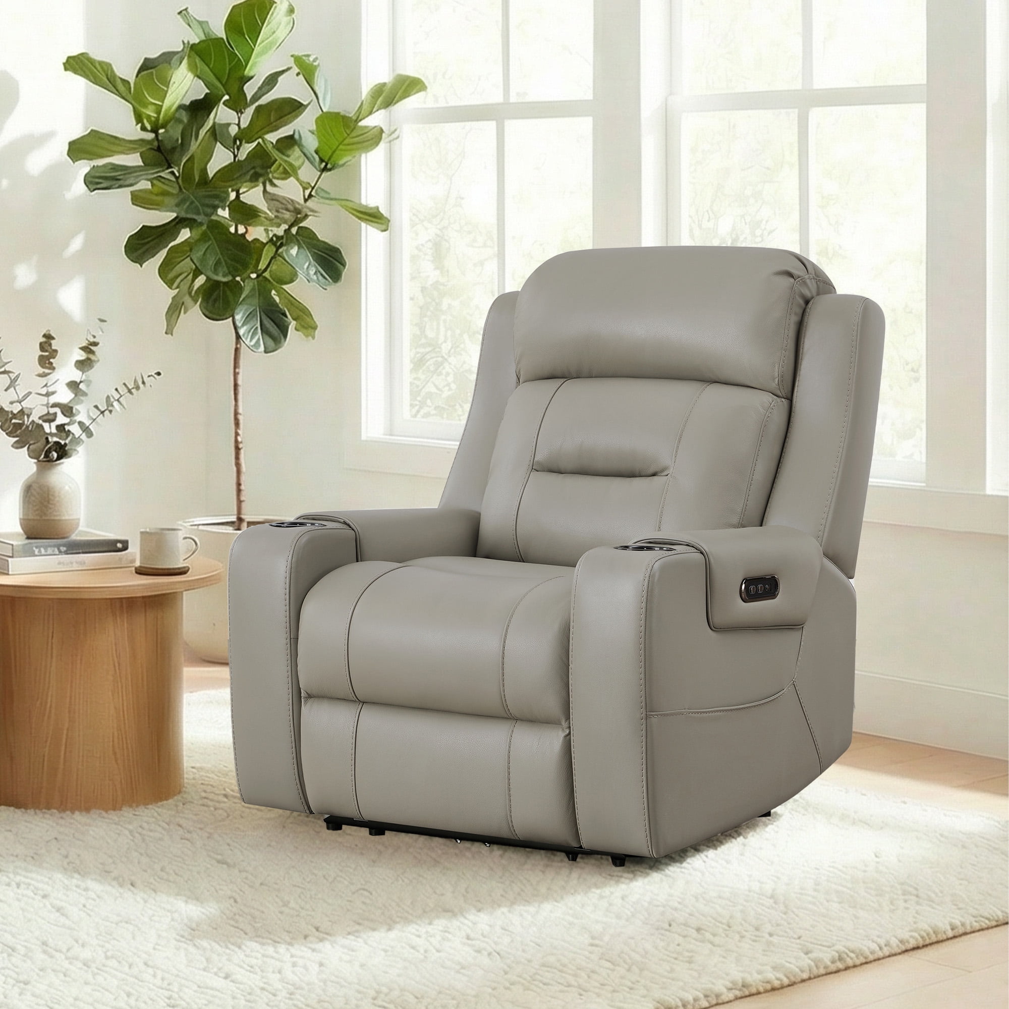 Spruce & Spring Lay-Flat Genuine Leather Power Recliner Chair with Headrest, Gray