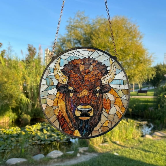 Bison Painted Stained Glass Suncatcher, Window Hanging Decor, Outdoor Sun Catcher Decor, AnimalsÃ‚ WallÃ‚ Decor
