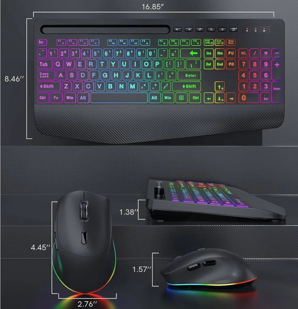 Wireless Keyboard and Mouse Combo with 9 Backlit, Wrist Rest & Phone Holder, Large Print,Deep Black