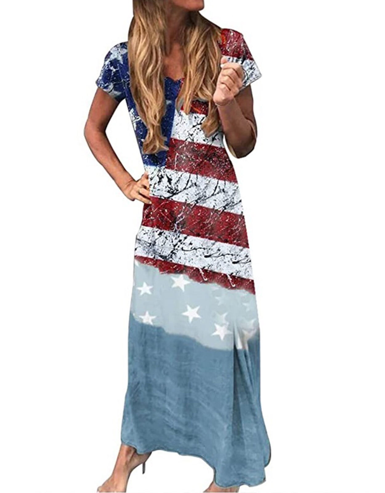 American Flag Maxi Dresses for Women 4th of July V-Neck Short Sleeve ...