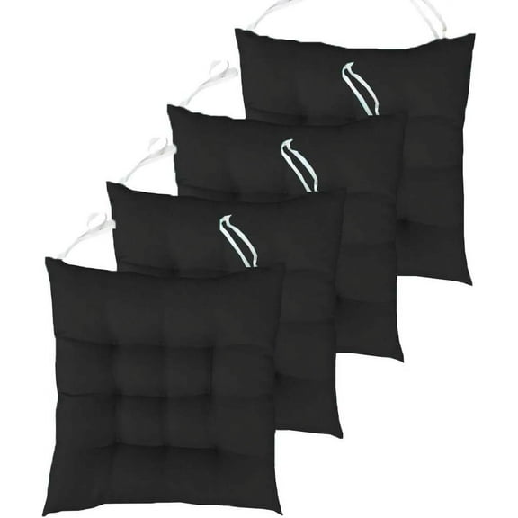 Firefly Hope Set of 4 Black 18"x18"x3" Tufted Square Chair Pads, Soft Indoor Seat Cushions with Ties for Dining & Home Chairs