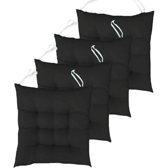Nvzi Juego de 4 cojines para sillas de interior con mechones sólidos y cuadrados, con lazos, color negro, 45,7 x 45,7 x 7,6 cm