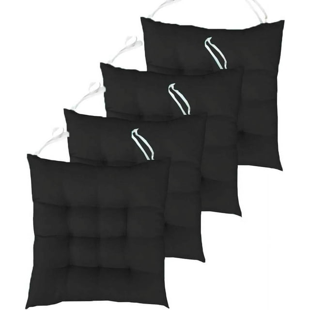 Nvzi Juego de 4 cojines para sillas de interior con mechones sólidos y cuadrados, con lazos, color negro, 45,7 x 45,7 x 7,6 cm