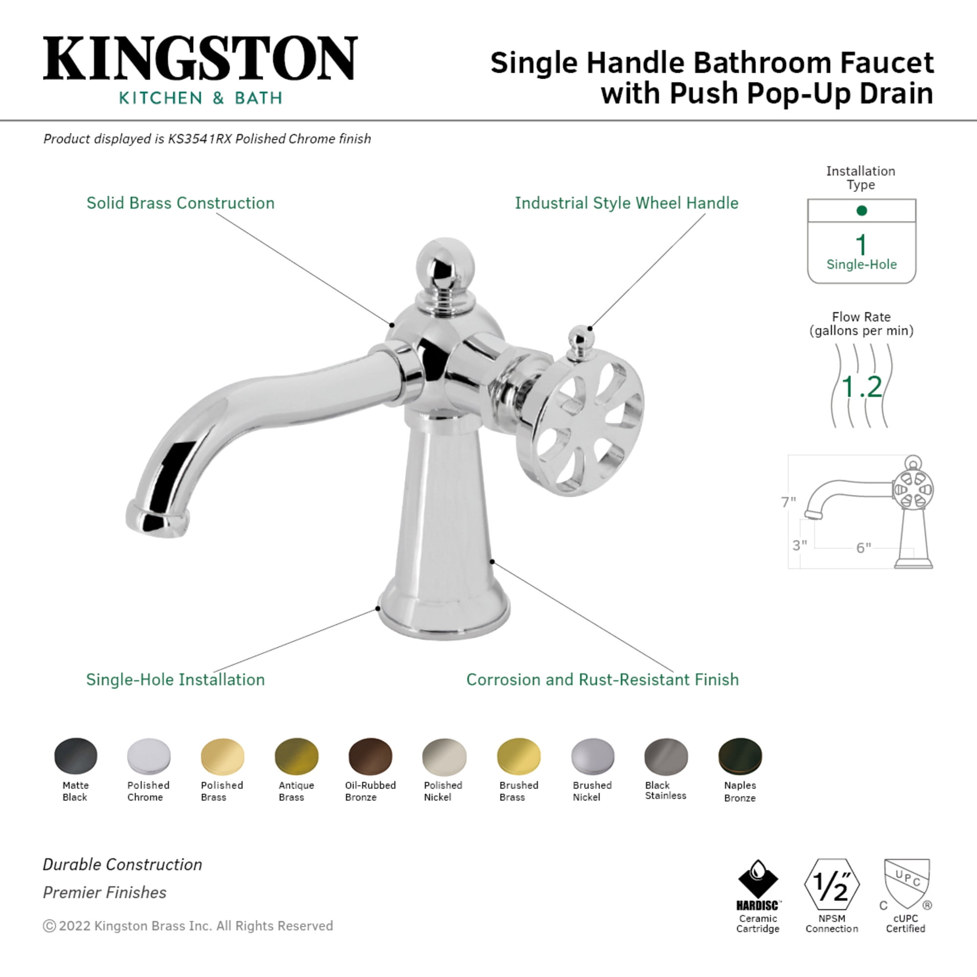 Kingston Brass KS3543RX Belknap One-Handle Single-Hole Bathroom Faucet with Push Pop-Up Drain, Antique Brass