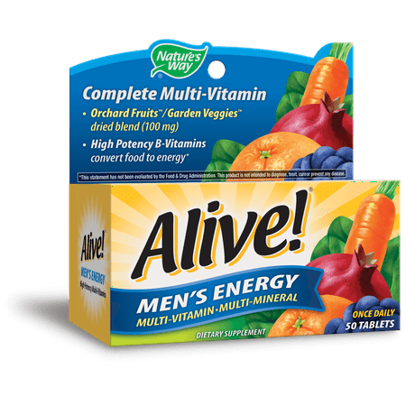 Alive! Men's Energy Multivitamin Supplements with Orchard Fruits & Garden Veggies Powder Blend (100 mg), 50 Tablets