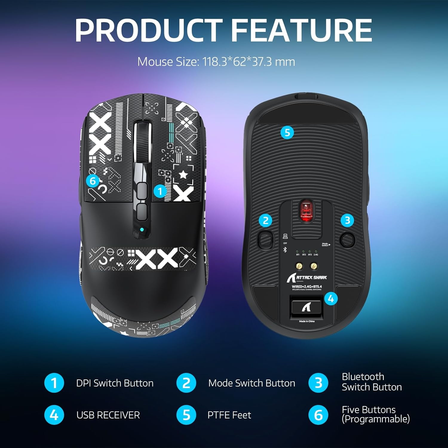 ATTACK SHARK X6 49g SUPERLIGHT Mouse with Magnetic Charging Dock, PixArt PAW3395 Gaming Sensor, BT/2.4G Wireless/Wired Gaming Mouse with Tape, 26000 DPI, X3 Upgrade Mice for Win11/Xbox/PS/Mac (Black)