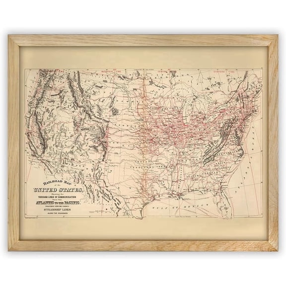 1890 Railroad Map of the United States 11x14 Framed Poster Ready to Hang Vintage Railway Routes Historic Train Line Chart Antique USA Transportation Map Wall Art Home Office Study Décor