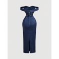 thumbnail image 2 of Navy Blue Sequin Off-Shoulder Ruched Satin Midi Dress, 2 of 5
