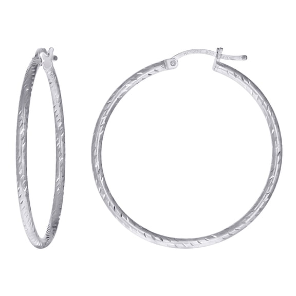 925 Sterling Silver Womens Sparkle-Cut 2mm X 35mm Hoop Earrings Hoop Earring for Women - 3.9 Grams