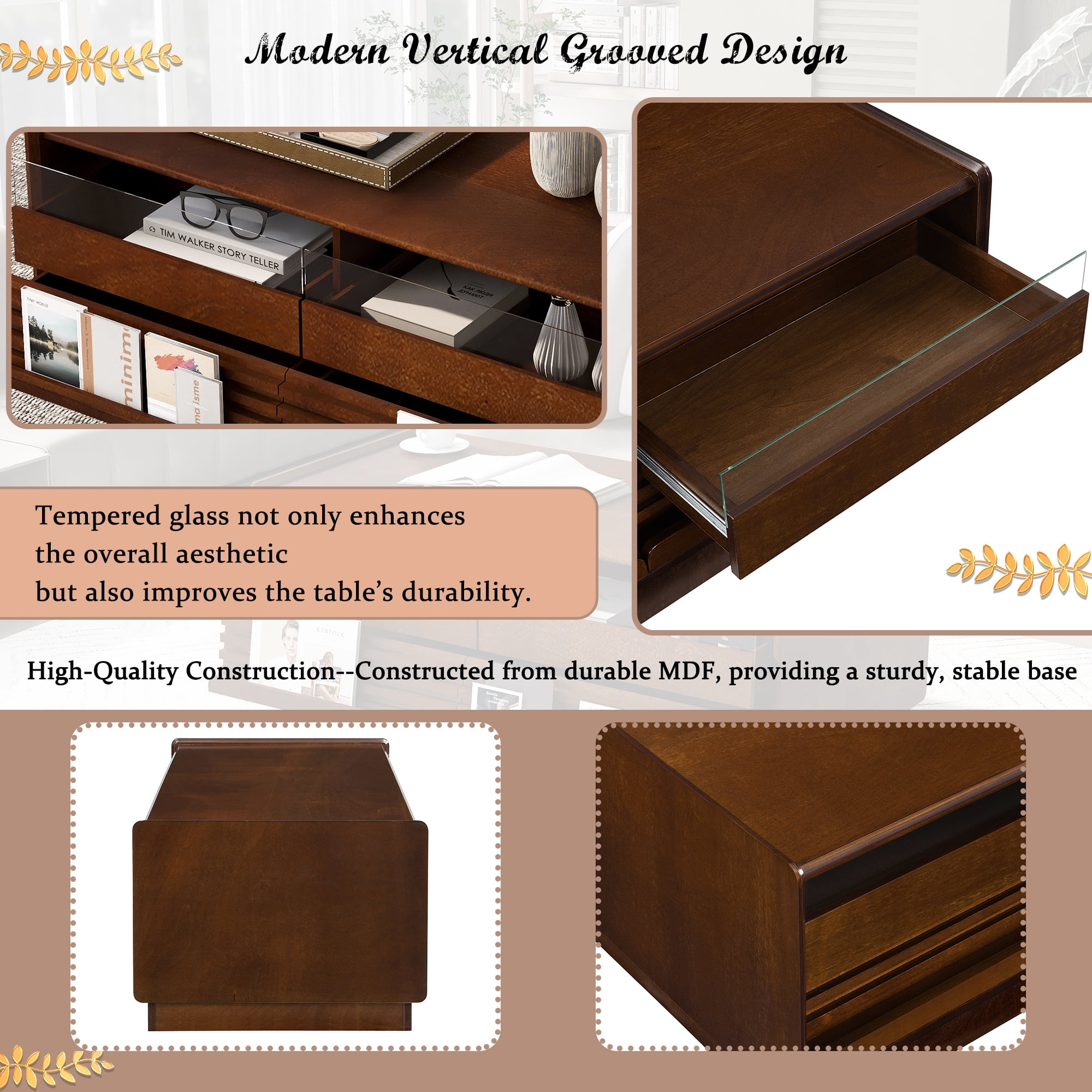 Euroco Vintage-Style Coffee Table with 4 Drawers and Open Shelves, Tempered Glass Drawer Fronts, MDF Wood Frame – Modern Living Room Storage Table, Easy Assembly