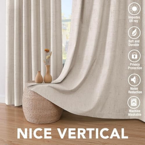 Linen Curtains 100% Blackout Curtains for Bedroom 102 inch Long Full Light Blocking Nature Linen Blended Window Curtains for Living Room Nickel Grommet (2 Panels, Natural)