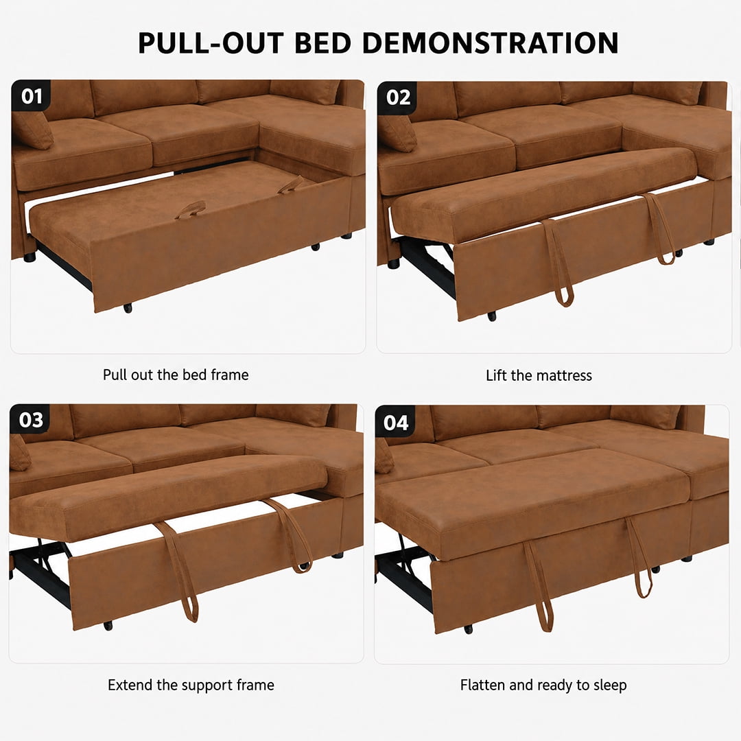 Leumius 82.5" Sectional Sofa with Pull-Out Bed,L-Shaped Sofa with Storage Chaise, Cup Holders and 2 Pillows,Light Brown