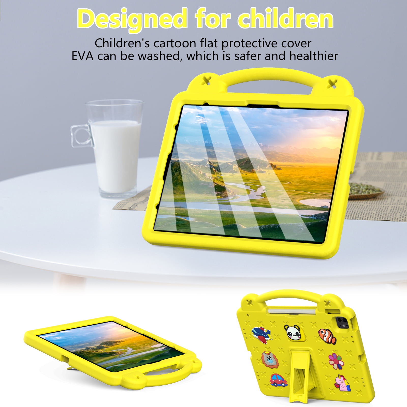Nalacover Cartoon Handle Case for Apple iPad Air 11 inch 2024 Case, EVA Foam Cute Pattern with Pencil Holder Kickstand Cute Shockproof PC Case for iPad Pro 11 inch 2024, Yellow