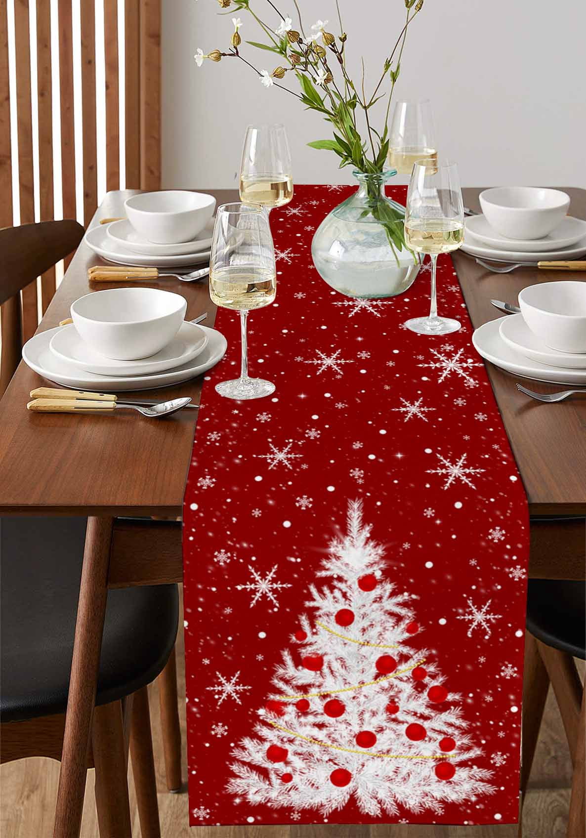 Ldtrchee Red Christmas Tree Table Runner 60 Inches, Winter Balls Snowflake Xmas Tree Bed Runner Dresser Scarves Tabletop for Indoor Outdoor Parties/Ceremony/Banquet, 13" x 60"