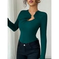 thumbnail image 4 of Women's Metal Ring Long Sleeve Asymmetrical Neck T Shirt Slim Fit Ruched Going Out Tops Green S, 4 of 8