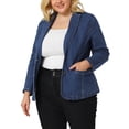 thumbnail image 1 of Women's Plus Size Denim Jacket Notched Lapel Color Block Stretch Blazer Sky Blue 2X, 1 of 6
