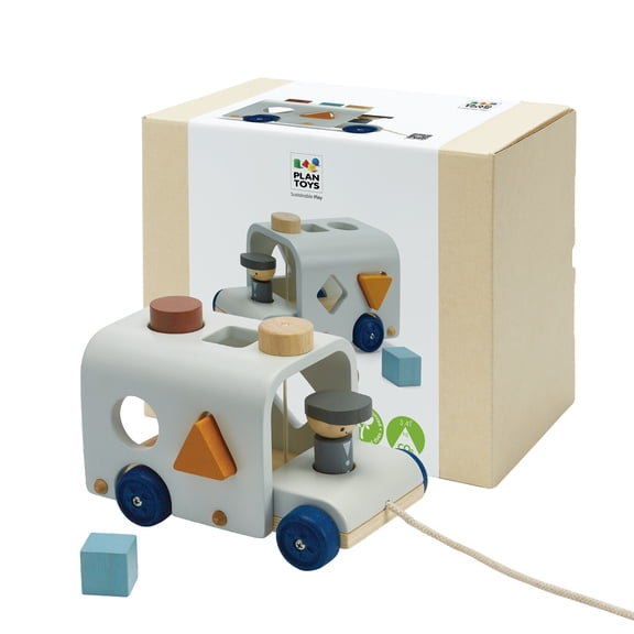 PlanToys® Wooden Shape Sorting Bus Toy for Kids Ages 3  | Montessori Pull Along & Colour Learning Activity for Sorting, Coordination & Fine Motor Skills | Eco-Friendly Educational Playset