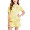 thumbnail image 6 of Vornjynx Kids Girls Outfit Sets Puff Sleeve Tops and Ruffle Hem Shorts Plaid Print 2026 Summer Comfort Clothes 2 Piece Yellow Size 2-3T, 6 of 9