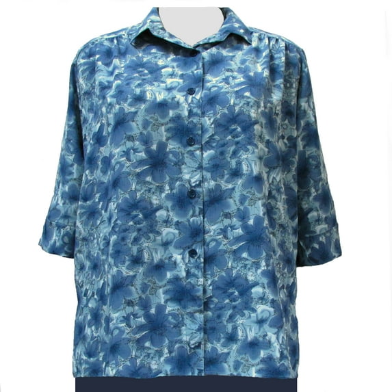 A Personal Touch Women's Plus Size 3/4 Sleeve Button-Up Blouse with Shirring - Blue Maura - 5X