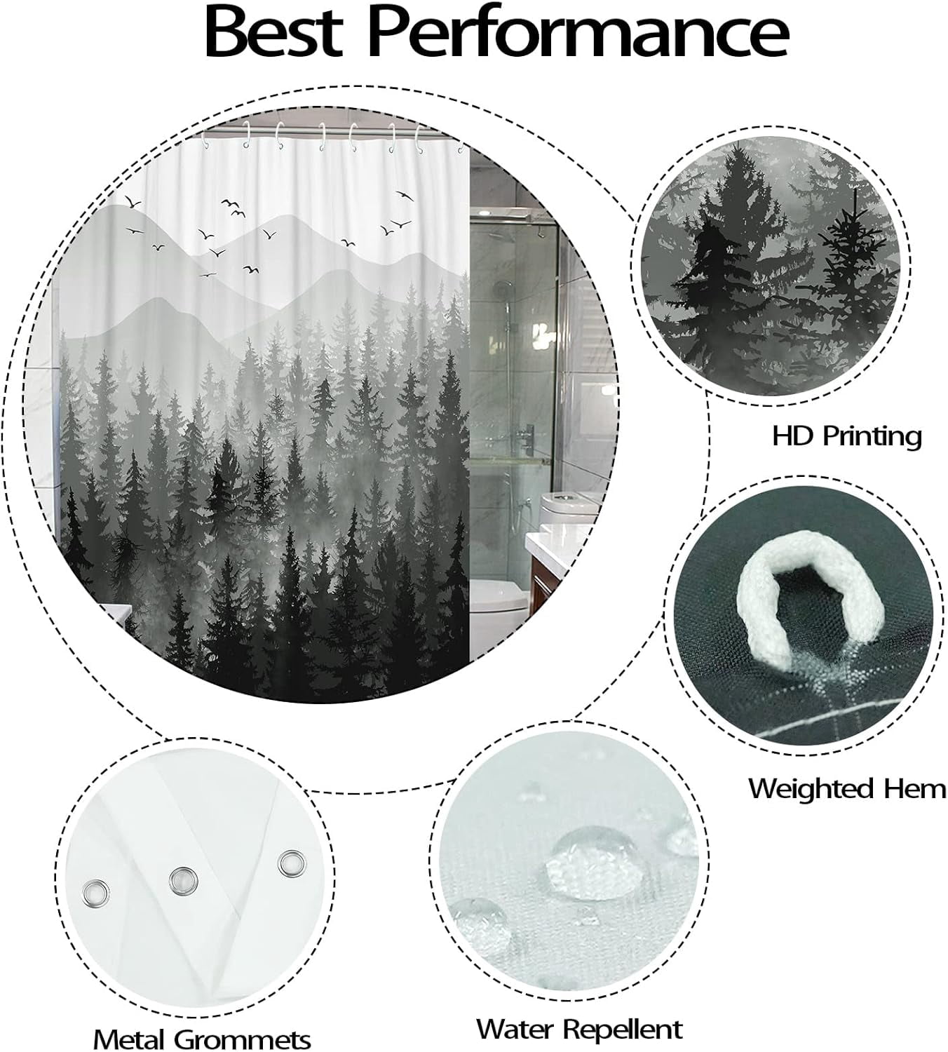 Black and White Misty Forest Shower Curtain Ombre Dark Gray Mountain Pine Tree Waterproof Fabric Shower Curtains for Bathroom Grey Nature Woodland Decorative Bath Curtain Decor 72×72 Inches