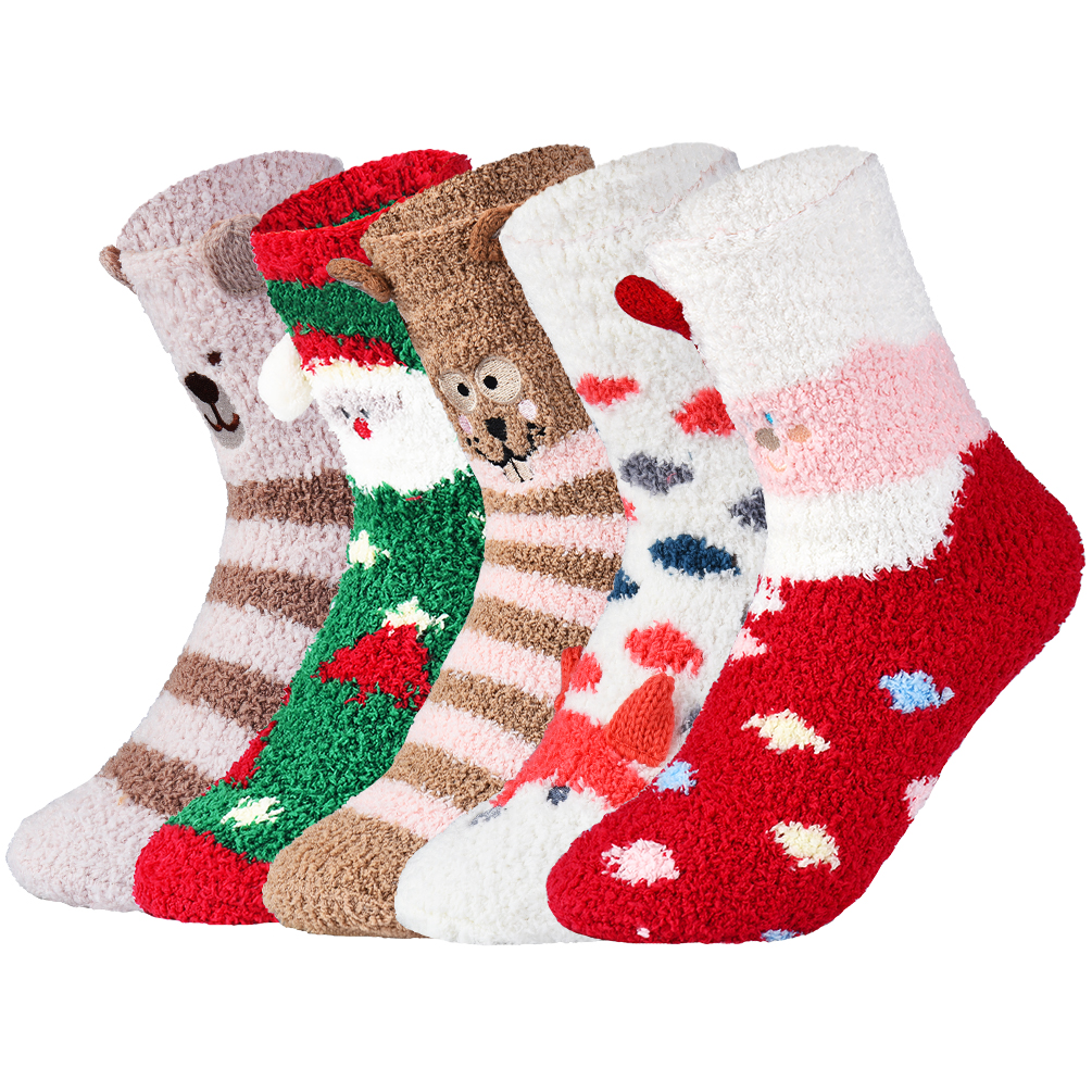 Vbiger - 5 Pack Women Christmas Socks Winter Warm Cozy Socks For Women Fuzzy With Cute Cartoon 