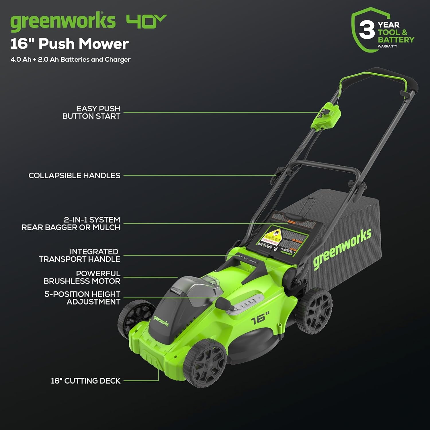 Greenworks 40V 16" Brushless Lawn Mower + Blower (350 CFM) + 13" String Trimmer (Bonus Spools), 4.0Ah + 2.0Ah Battery and Charger Included