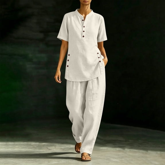 Pounoo Women's Two Piece Sets Linen Blend Button Trim Outfits Retro Leisure Vibe Lightweight Airy Daily Co‑ords Gift