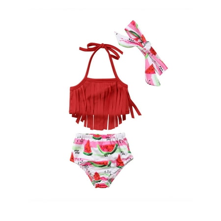 

Newborn Baby Girls Watermelon Floral Tassels Bikini Swimsuits Headband Bathing Suit 3Pcs Set
